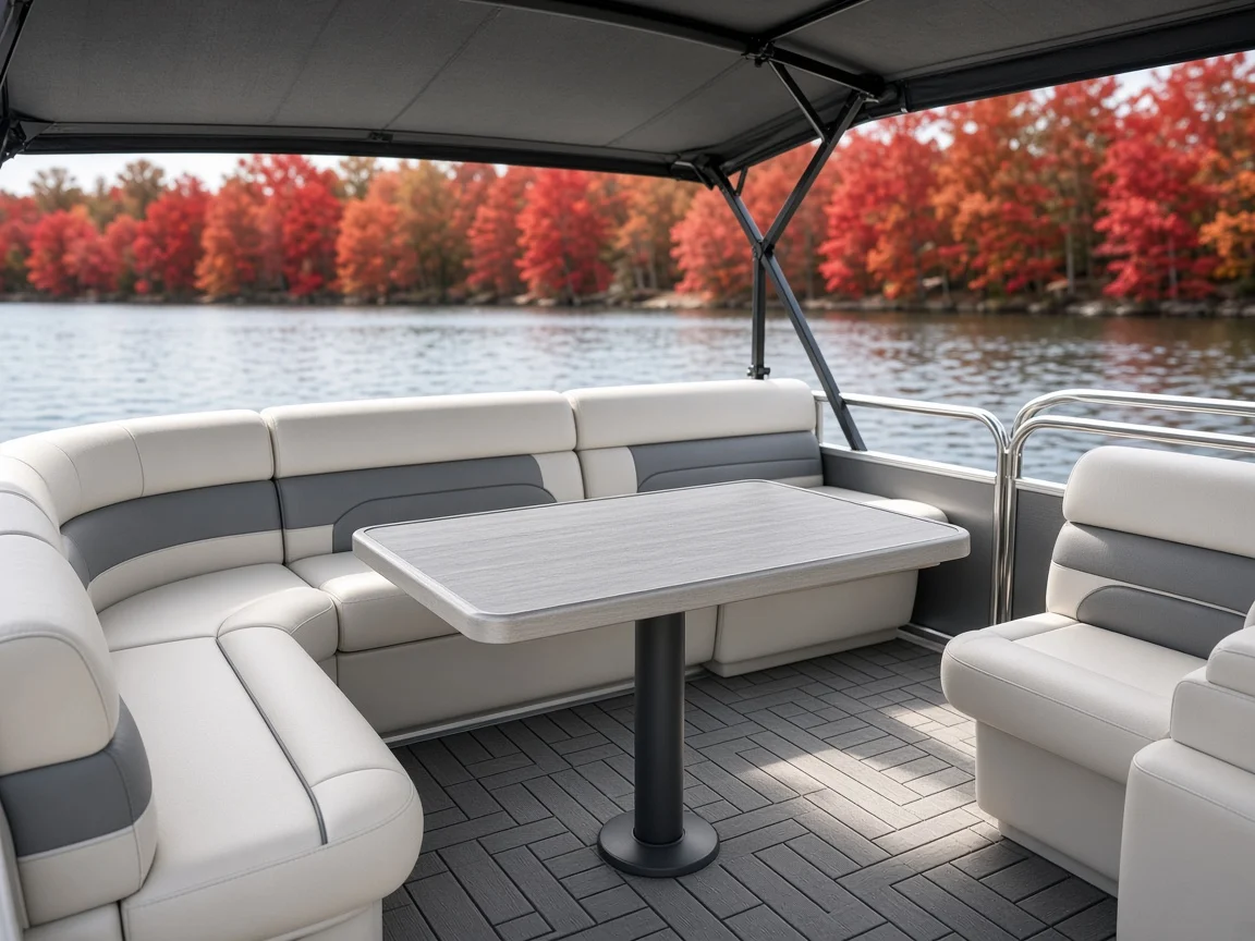 Close-up of a pontoon boat lounge with cream and grey marine vinyl seating, a centre table and woven vinyl flooring, with autumn maples across the lake