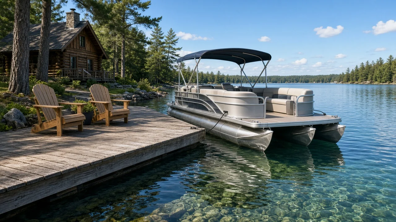 A modern tritoon pontoon boat with three aluminium tubes tied up at a wooden cottage dock with Muskoka chairs and a log cottage among the pines