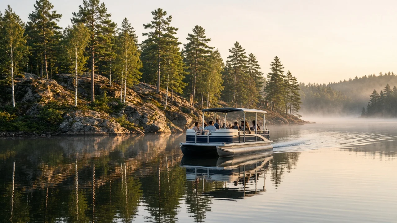 A navy and white pontoon boat cruising a calm, misty lake lined with granite and pine trees at golden hour